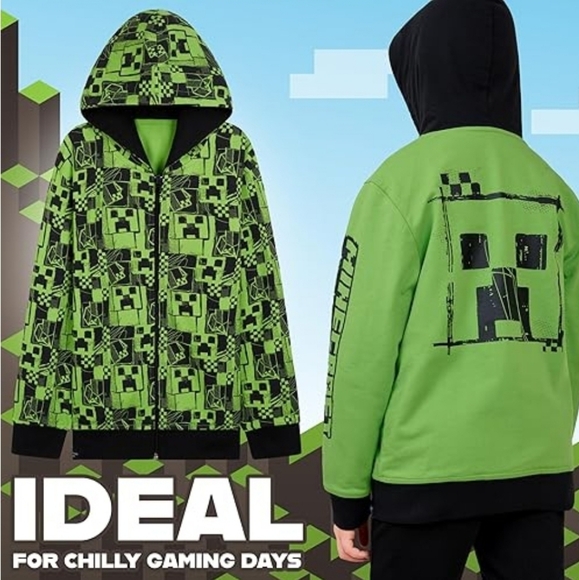 Minecraft REVERSIBLE Unisex Kid's Graphic Long Sleeve Full Zip Hoodie Size 9-10 - Picture 1 of 9